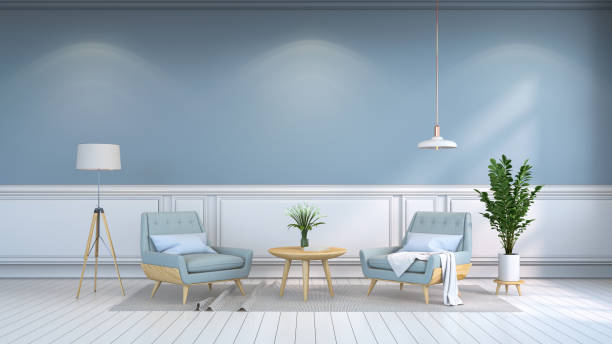 istock minamalist  interior room , Contemporary furnitur, light blue armchairs and wood table on white flooring and light  blue wall /3d render 673983670