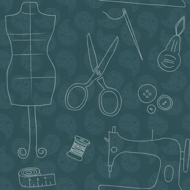Vector illustration of Sewing utilities teal wallpaper seamless pattern design