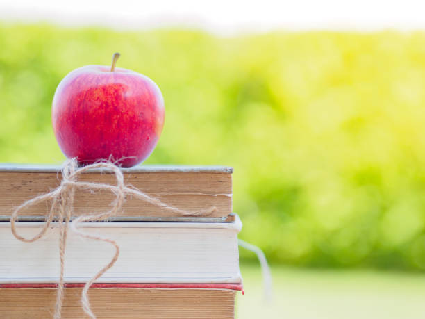 istock World Book Day concept. Red apple and pen put on stack of old books 673990010