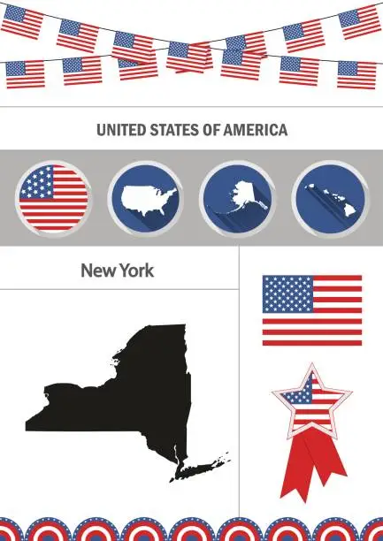 Vector illustration of Map of New York. Set of flat design icons nfographics elements w