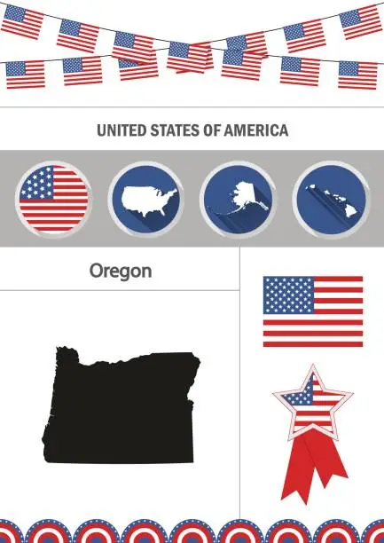 Vector illustration of Map of Oregon. Set of flat design icons nfographics elements wit