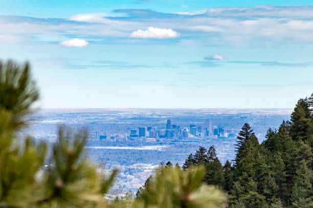 View of downtown Denver Colorado skyline from the top of Lookout Mountain Road in the foothills