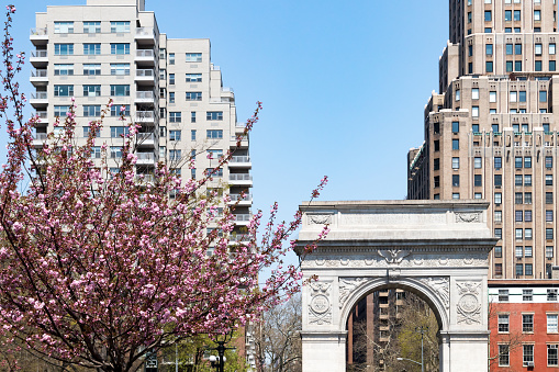 Washington Square Park arch spring scene in Manhattan New York City