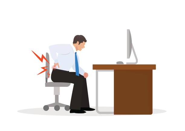 ilustraciones, imágenes clip art, dibujos animados e iconos de stock de hombre de negocios sufre de dolor de espalda. empresario en el trabajo. ilustración - backache pain cartoon back