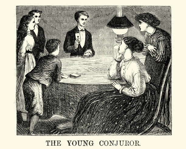 Vintage engraving of a young victorian boy doingh a card trick for his friend and family
