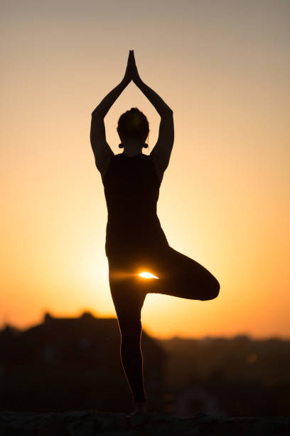 istock Slim woman doing yoga over orange sun 674062610