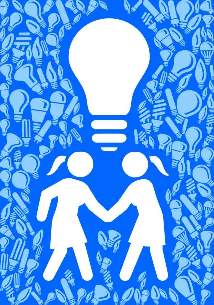 Vector illustration of Two Women Meeting Light Bulb Blue Vector Background Pattern