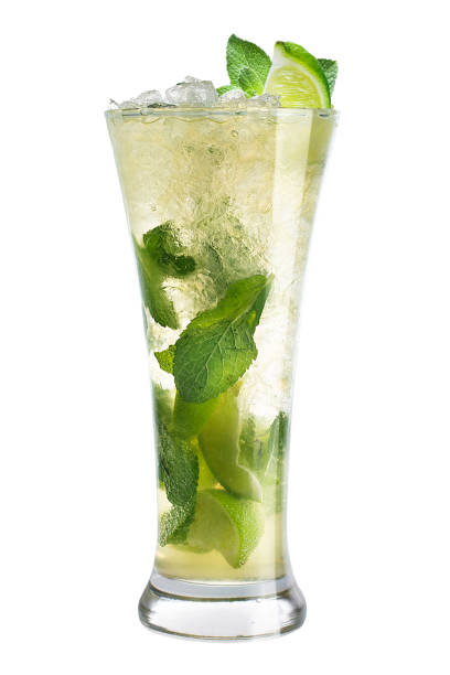 Cocktail mojito in a high glass on a white background stock photo