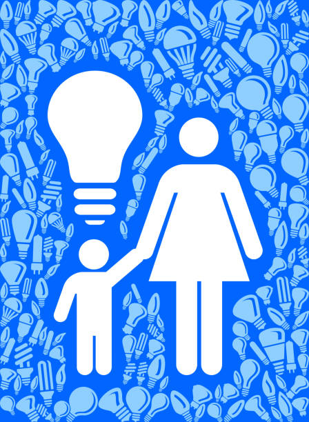 mutter und sohn glühbirne blau vektor hintergrundmuster - light bulb blue energy fuel and power generation stock-grafiken, -clipart, -cartoons und -symbole