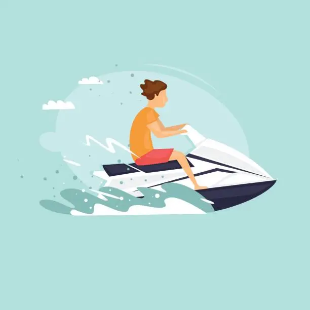 Vector illustration of Man rides a jet ski. Isolated. World Travel. Planning summer vacations. Extreme sport. Flat design vector illustrations.