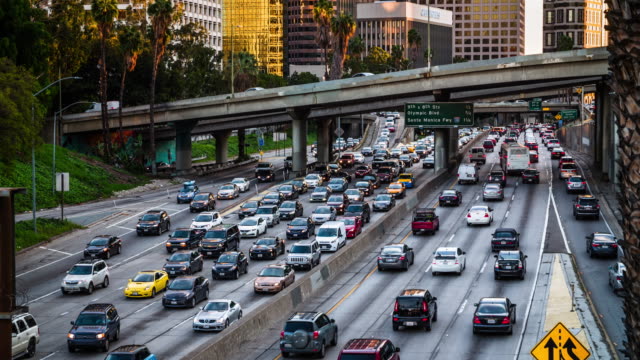 Real time shot of traffic on Highway 110 in downtown Los  Angeles.