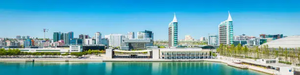 Photo of Lisbon aerial panorama over Parque das Nacoes waterfront apartments Portugal