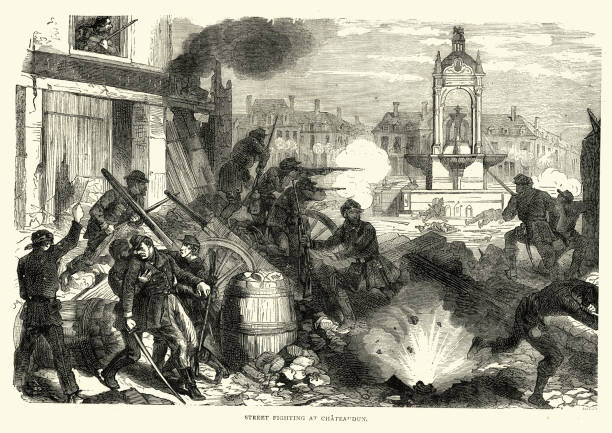 ilustraciones, imágenes clip art, dibujos animados e iconos de stock de guerra franco-prusiana - calle luchando en chateaudun, francia - franco prussian war