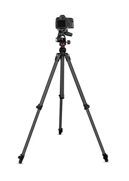 Camera on tripod isolated on white