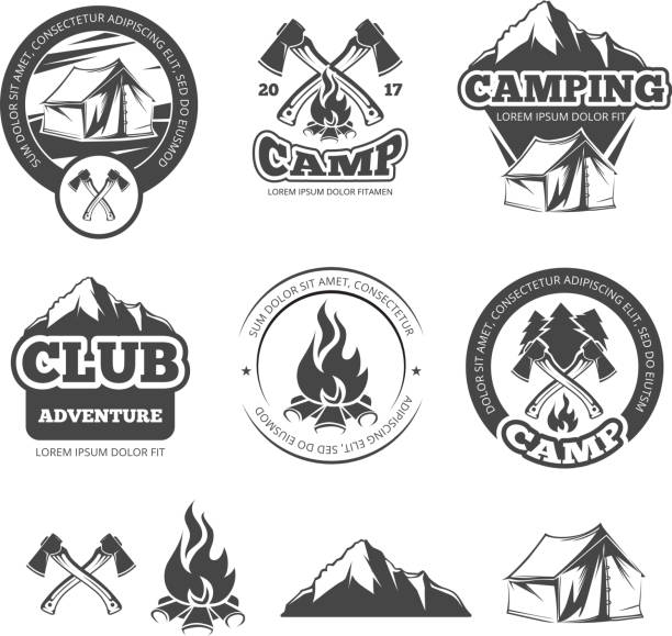 ilustrações, clipart, desenhos animados e ícones de etiquetas vintage natureza definida para acampamento de escuteiros. emblemas de acampamento com barraca do turista. ilustrações vetoriais de aventura - symbol computer icon icon set entertainment