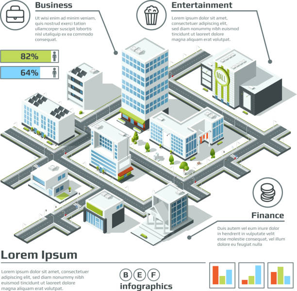 izometryczna mapa miasta 3d. ilustracja wektorowa infografiki. plan wymiarowy - skyscraper construction built structure single object stock illustrations