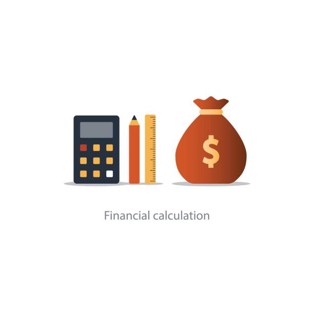 Budget money count, financial calculator, pencil and ruler, fund use Budget fund measure and plan spending, financial calculation tools, investment strategic solution, money analytics, vector illustration icons bowie seamount stock illustrations
