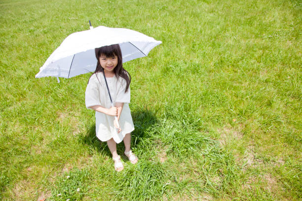 istock Using a parasol in a meadow, smiling girl 674159236