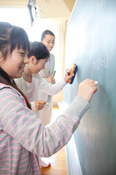 istock Female teachers stand next to elementary school girls to solve the problem on the Blackboard 674165546