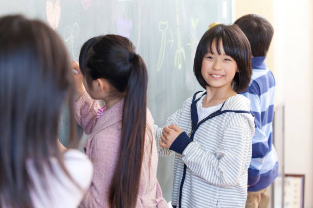 istock Elementary school girls draw pictures on the Blackboard 674171812