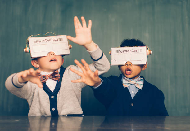 Two Young Male Nerds with Virtual Reality Headsets
