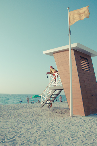 On Miami Beach, clear sky and Life Guard Tower and Skyline