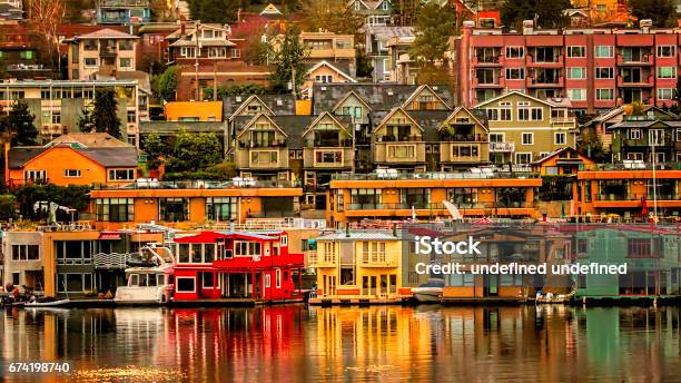 View Of Colorful Homes From Across Lake Union Stock Photo - Download Image Now - Seattle, Residential Building, Famous Place
