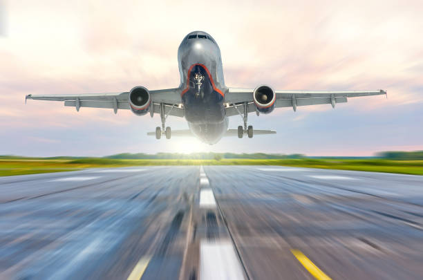 istock Aircraft speed on the landing runway at dawn 674214632
