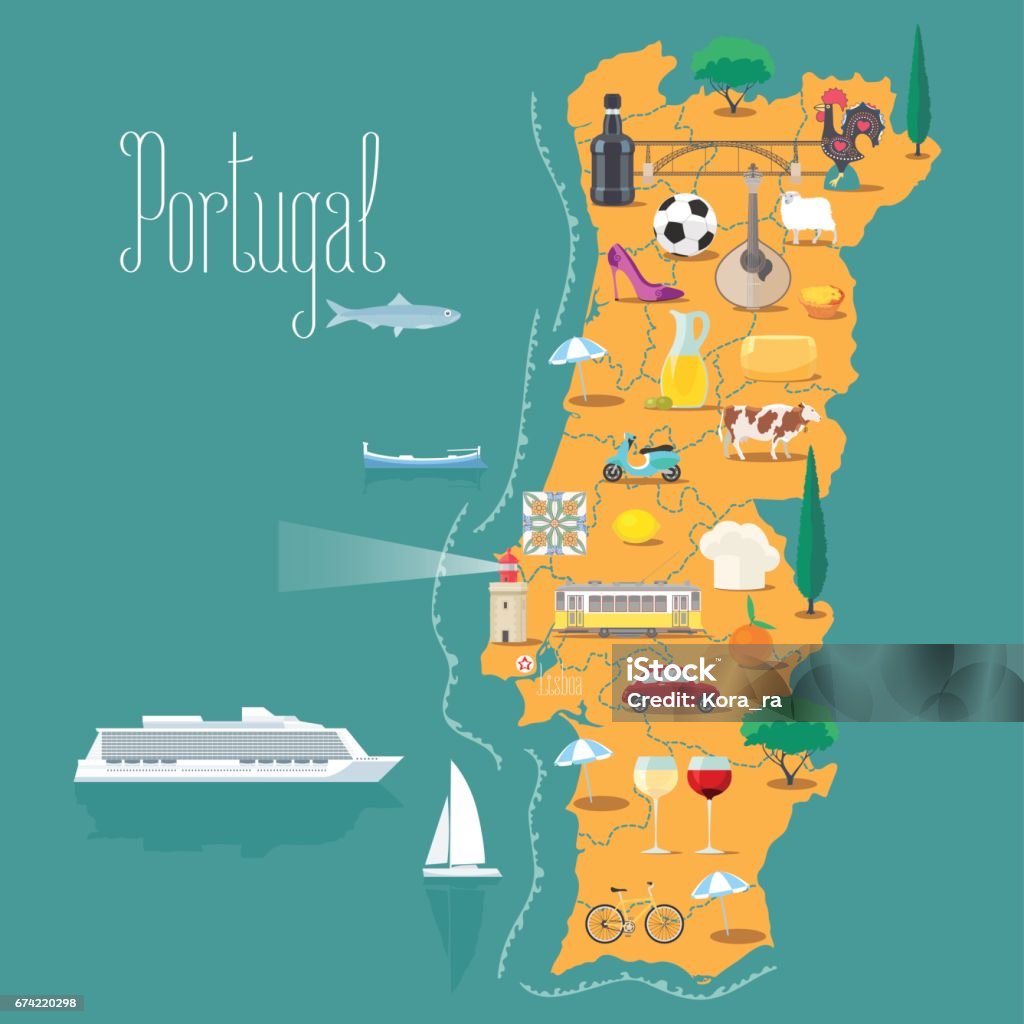 Map of Portugal vector illustration, design Map of Portugal vector illustration, design. Icons with Portuguese  landmarks, lighthouse and food. Explore Portugal concept image Portugal stock vector