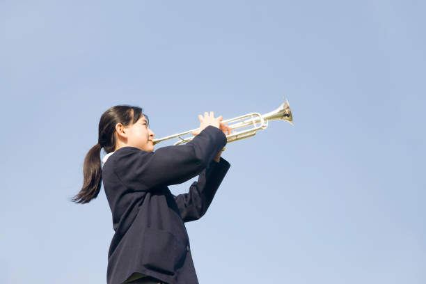 Brass trumpet musical instrument isolated on a white background. 