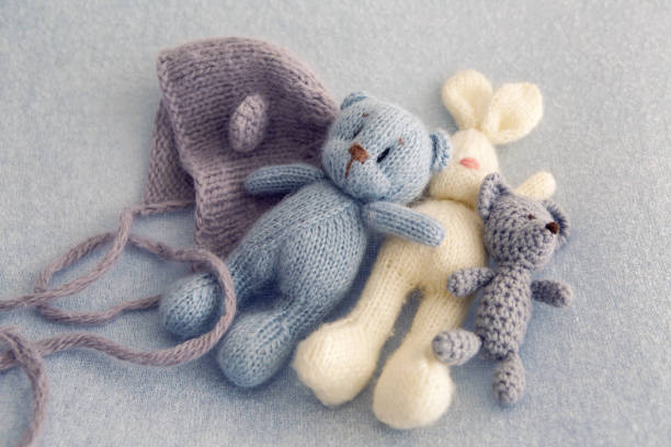 Three soft toy bears Three soft toy bears and a white hare crochet photos stock pictures, royalty-free photos & images