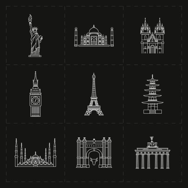 ilustraciones, imágenes clip art, dibujos animados e iconos de stock de nueve iconos plana de referencia - brandenburg gate famous place germany spain