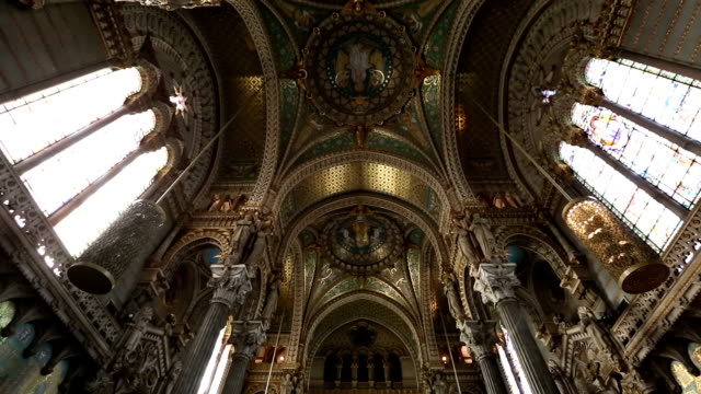 Film Tilt shot of Lyon Notre-Dame de Fourviere Basilica Church France