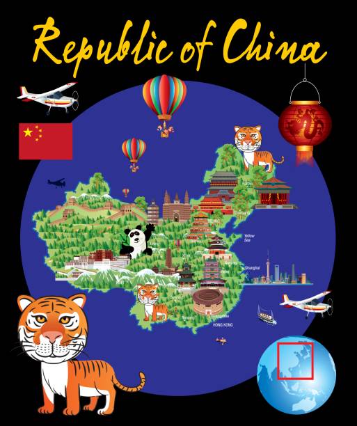 ilustrações, clipart, desenhos animados e ícones de mapa de cartoon china - terracotta power famous place chinese culture