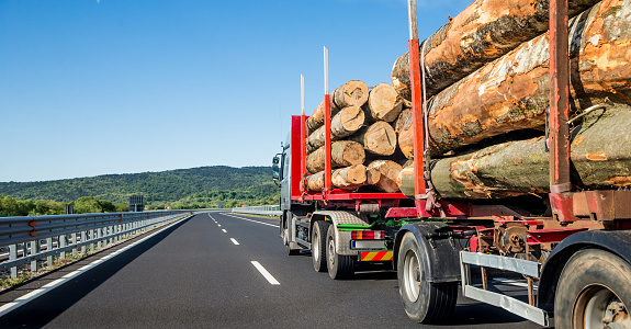 Timber truck transporting loogs on highway