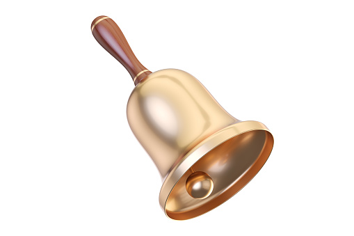 Gold school bell, 3D rendering isolated on white background
