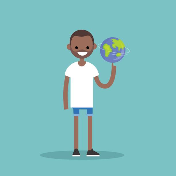 Young black character spinning the globe on finger / flat editable vector illustration, clip art Young black character spinning the globe on finger / flat editable vector illustration, clip art african american male model stock illustrations