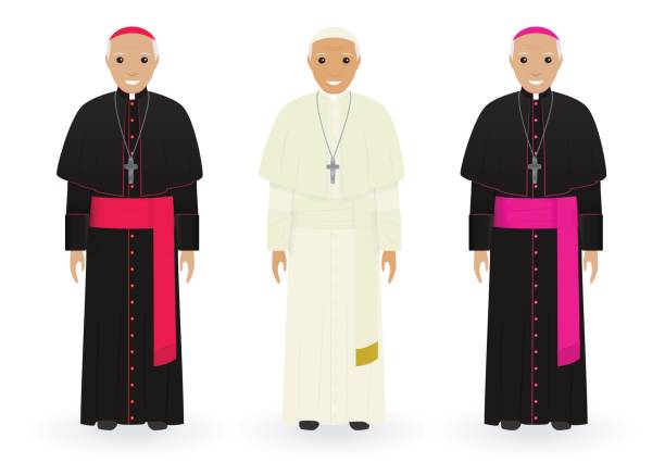 Pope, cardinal and bishop in characteristic clothes isolated on white background. Catholic priests. Religion people. Pope, cardinal and bishop characters in characteristic clothes isolated on a white background. Supreme catholic priests stand together in cassocks. Religion people concept. Vector illustration. cardinal clergy stock illustrations