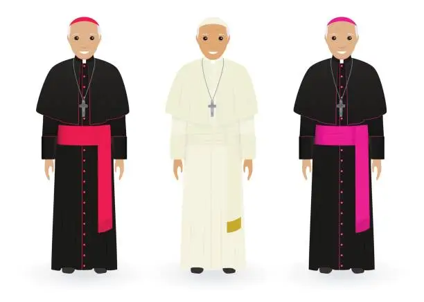 Vector illustration of Pope, cardinal and bishop in characteristic clothes isolated on white background. Catholic priests. Religion people.