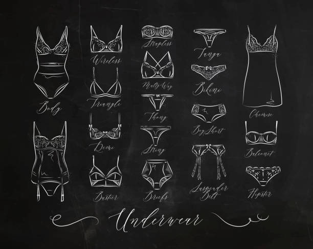 Underwear classic icons chalk Set of classic underwear icons in vintage style drawing with chalk on chalkboard vintage garter belt stock illustrations