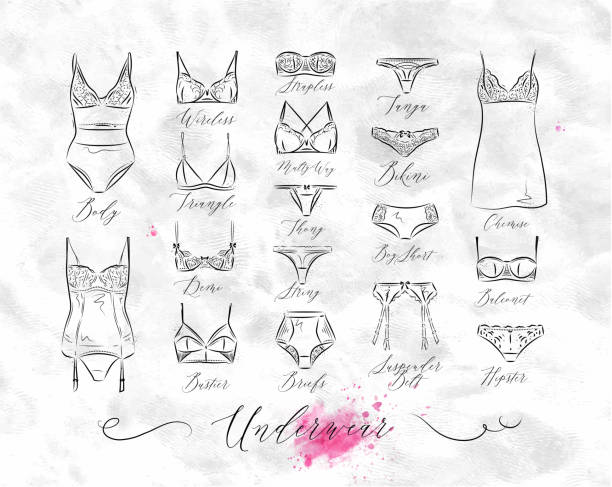 Underwear classic icons Set of classic underwear icons in vintage style drawing with lines vintage garter belt stock illustrations