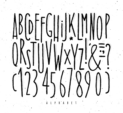 Alphabet set straight lines font in vintage style drawing with black lines on white background
