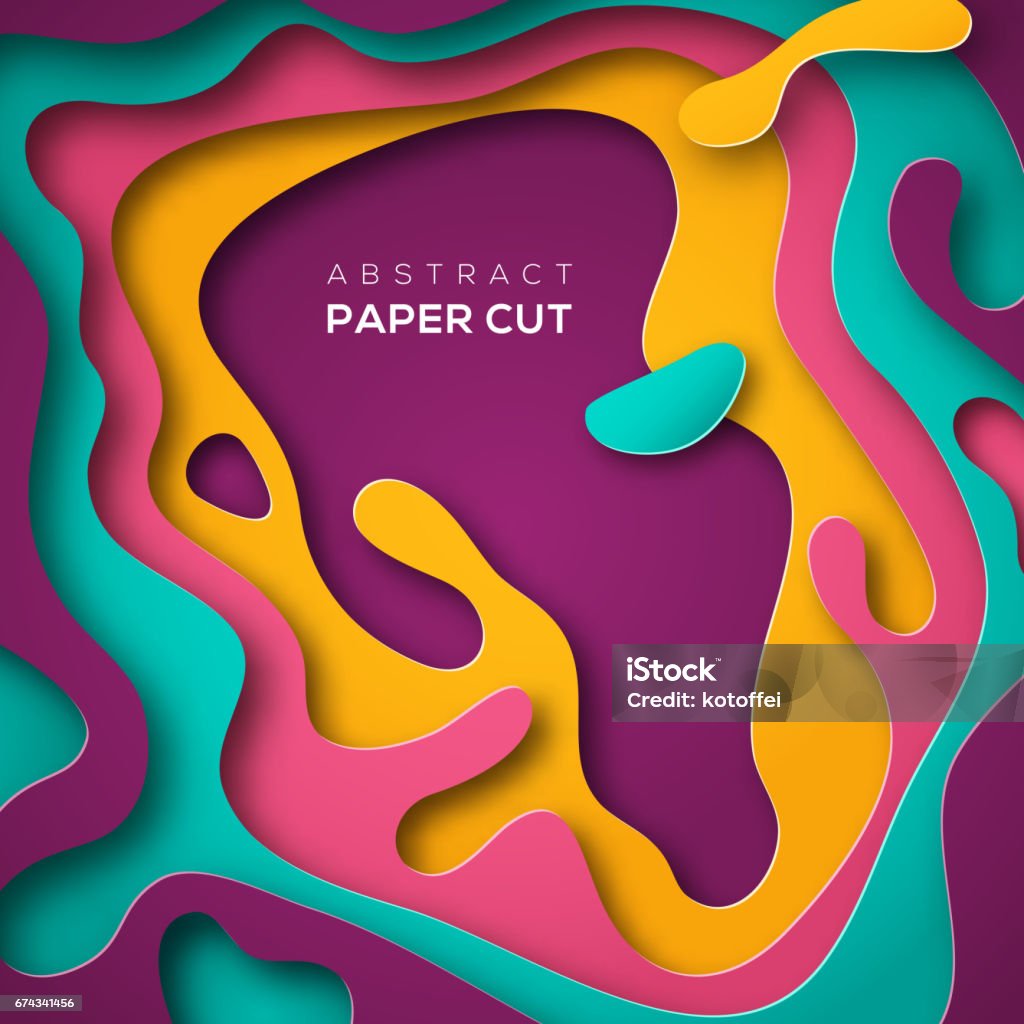 Abstract poster with paper cut shape 3D abstract background with paper cut shapes. Vector design layout for business presentations, flyers, posters and invitations. Colorful carving art - blue, yellow and violet Fun stock vector