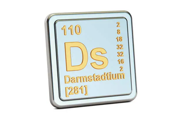 Photo of Darmstadtium Ds, chemical element sign. 3D rendering isolated on white background