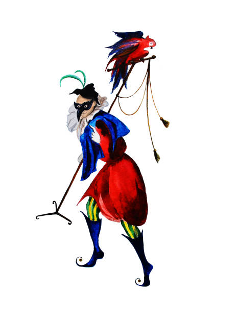 mittelalterlichen hof narr, joker, harlekin, hanswurst, aquarell handgemachte illustration - jester clown harlequin bizarre stock-grafiken, -clipart, -cartoons und -symbole