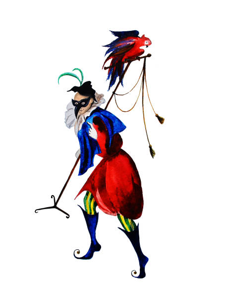 średniowieczny głupc, joker, harlequin, błazen, akwarela ręcznie wykonana ilustracja - jester clown harlequin bizarre stock illustrations
