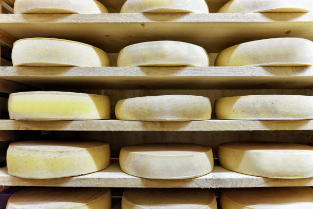 istock Rack of aging Comte Cheese at maturing cellar Franche Comte 674349370
