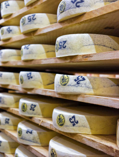 istock Rows of aging Cheese in maturing cellar Franche Comte 674349490