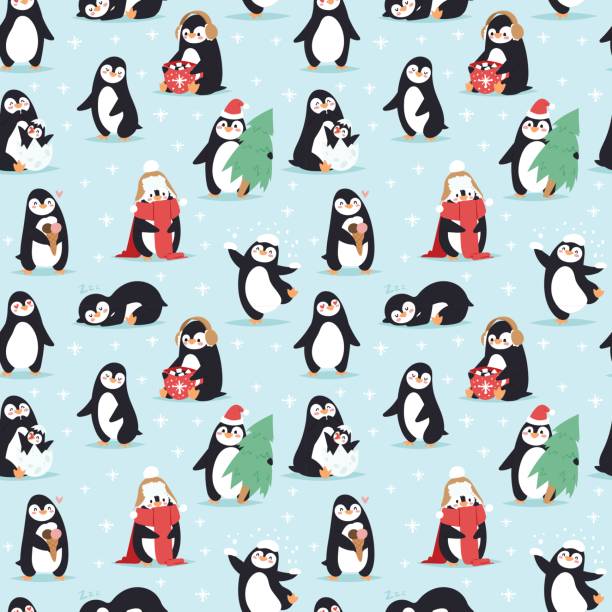 ilustraciones, imágenes clip art, dibujos animados e iconos de stock de pingüinos de navidad vector de patrón sin costuras - mono ski