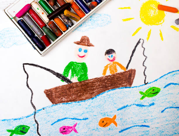 istock colorful drawing: fishing father and son 674367344